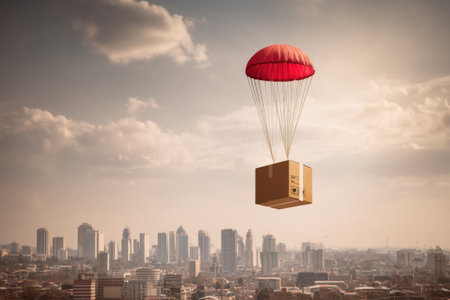 A cardboard box suspended in the air by a red parachute drifts above an urban skyline, casting shadows as the sun sets behind the buildings.の素材