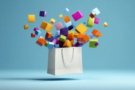 Colorful parcels float around a white shopping bag, creating an abstract representation of shopping and excitement in a bright atmosphere.の素材