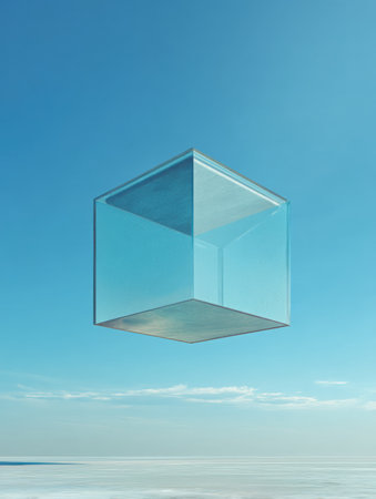 A large, clear box floats effortlessly in the bright blue sky, surrounded by soft clouds and a serene horizon, inspiring wonder and imagination.の素材