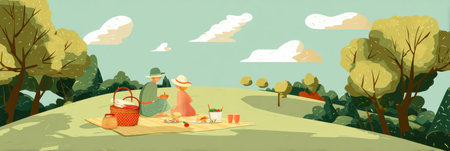 Two friends relax on a colorful blanket while enjoying a summer picnic on a vibrant green hill, surrounded by lush trees and fluffy clouds.の素材