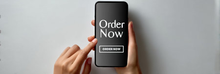 A hand is tapping the order now button on a smartphone screen set against a clean, minimal background, emphasizing convenience in online ordering.の素材