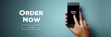 A hand taps the order now button on a smartphone in a clean, minimalistic style, set against a smooth backdrop, emphasizing a modern and trendy aesthetic.の素材