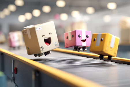Animated parcels with cheerful faces bounce on a conveyor belt in a lively warehouse, showcasing an atmosphere of fun and energy during daytime operations.の素材