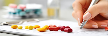 A doctor in a medical office writes on a prescription pad with colorful pills arranged in the background, illustrating the medication process.の素材