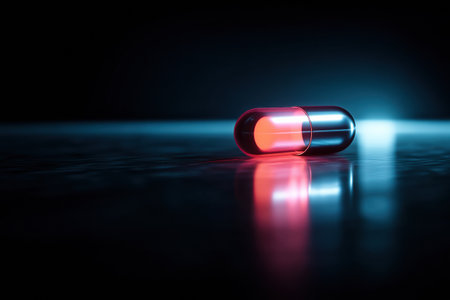 A bright, glowing pill rests on a reflective surface, bathed in blue light within a dark and sterile setting, creating a striking visual contrast.の素材