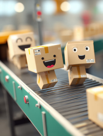 Animated parcels with cheerful faces bounce on a conveyor belt, creating a lively atmosphere in a bright warehouse filled with colorful details.の素材