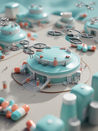 Floating delivery drones transport medicine in a bustling futuristic pharmacy, showing an innovative approach to healthcare in a bright environment.の素材