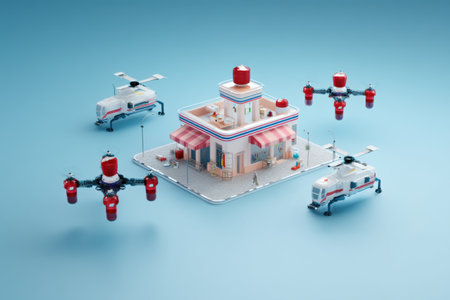 A lively, futuristic pharmacy showcases advanced technology with floating drones delivering medication. The scene captures innovation in healthcare services.の素材