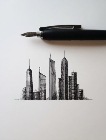 Black ink pen sketch shows a stylistic representation of a city skyline, highlighting tall buildings and the intricate details of urban architecture.の素材