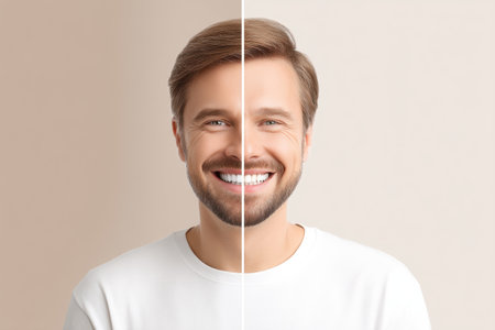 A split face concept illustrates the contrast between untreated teeth and a restored smile, highlighting the benefits of dental restoration for confidence.の素材