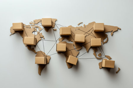 A creative representation of a world map made from cardboard, featuring various boxes connected by strings to illustrate global connectivity and logistics.の素材