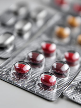 A close-up view of a blister pack featuring capsules with several missing pills highlights the importance of memory and medication adherence.の素材