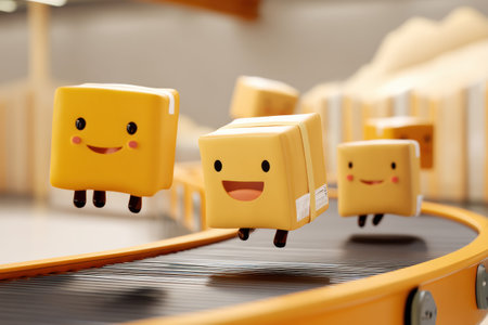 Colorful animated parcels filled with cheer bounce on a conveyor belt in a bustling warehouse, showcasing playful movement in a lively environment.の素材