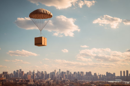 A cardboard box floats down from a parachute, gliding smoothly among the clouds above a bustling city skyline during the day with clear skies.の素材