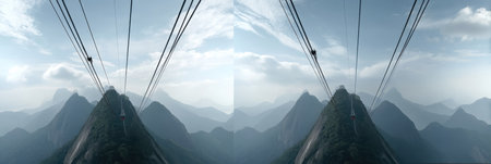 A cable car ascends a stunning mountain peak, offering captivating views of lush valleys and distant mountain ranges under a clear sky.の素材