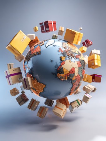 A vibrant globe is surrounded by flying packages representing the dynamic nature of international shipping and the interconnectedness of global trade.の素材