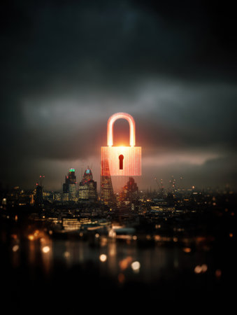 A glowing digital padlock floats over a shadowy city skyline, representing the concepts of cybersecurity and the protection of urban infrastructure at night.の素材
