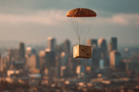 A cardboard box floats down with a parachute, drifting over a vibrant city skyline at sunset, blending adventure with urban scenery.の素材