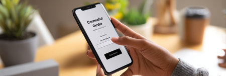 A person is using a mobile app to confirm their order, sitting in a contemporary workspace with greenery and a coffee cup nearby, enjoying the process.の素材