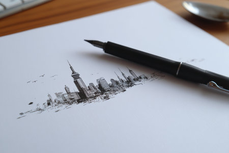 Black ink pen captures a minimalist city skyline featuring various buildings and structures, highlighting artistic detail and urban creativity.の素材