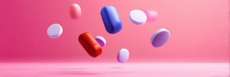 Colorful tablets of various shapes and sizes float in mid-air, creating a vibrant and engaging visual effect against a pink backdrop that captures attention.の素材