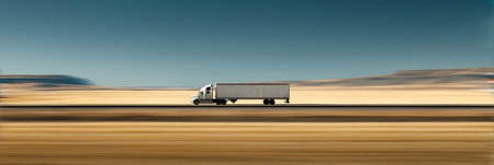 A speeding truck moves swiftly across a vast, minimalist desert terrain, showing the beauty of solitude and open space in the midday sun.の素材
