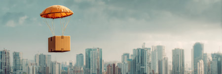 A cardboard box is seen drifting gracefully with a parachute above a modern city skyline just as twilight sets in, creating a striking visual contrast.の素材
