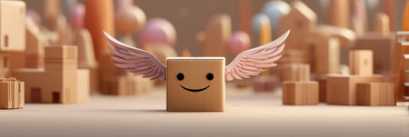 A cheerful winged box glides over a whimsical landscape of vibrant buildings and charming shapes, sparkling joy and imagination.の素材