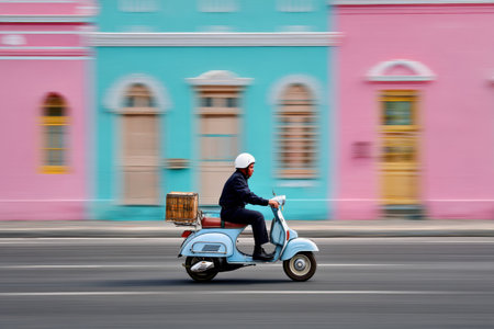 A courier on a scooter navigates swiftly through a city adorned with pastel-colored buildings, showcasing an exciting urban atmosphere during the day.の素材