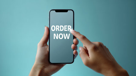 A hand is tapping the order now button on a smartphone against a simple blue background, highlighting online ordering convenience in modern life.の素材