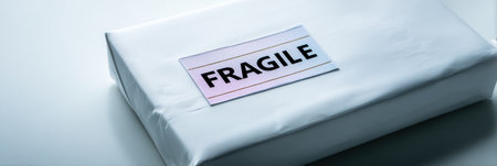 A clean white parcel features a prominent fragile sticker, indicating the need for careful handling. The minimalist setting emphasizes the parcels importance.の素材