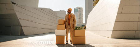A courier stands confidently among a stack of cardboard boxes in a vibrant cityscape characterized by bright, minimalist buildings under the sun.の素材