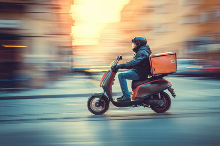 A flat courier scooter races through the busy streets of an urban area, showcasing the hustle and bustle of city life as the sun sets.の素材