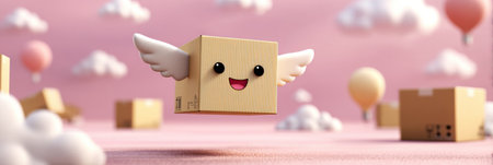 A cheerful box with delivery wings floats in a dreamy pink sky filled with balloons and clouds, creating a sense of fun and adventure.の素材
