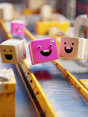 Playful parcels with smiling faces bounce along a vibrant conveyor belt, creating a cheerful atmosphere in a busy warehouse environment.の素材