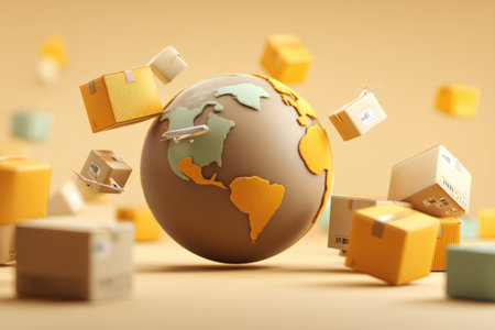 An abstract globe spins amidst a flurry of flying packages, illustrating the interconnectedness of global trade and the rapid movement of goods.の素材