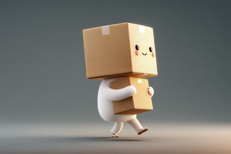 A charming 3D mascot character with a box-shaped head and small legs carries a large cardboard box, exuding joy and fun in a creative design.の素材