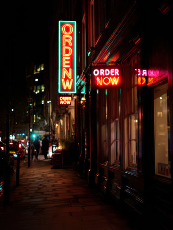 Colorful Order Now signs light up the city streets at night, creating a lively atmosphere as pedestrians stroll by and cars pass beneath the glowing lights.の素材