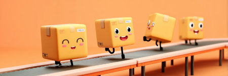 Animated parcels with cheerful faces are energetically jumping on a conveyor belt, creating a playful and lively atmosphere in the workspace.の素材