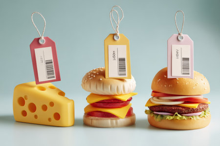 Inflated price tags are displayed on various food items emphasizing the rising cost of groceries and its impact on everyday shopping experiences.の素材