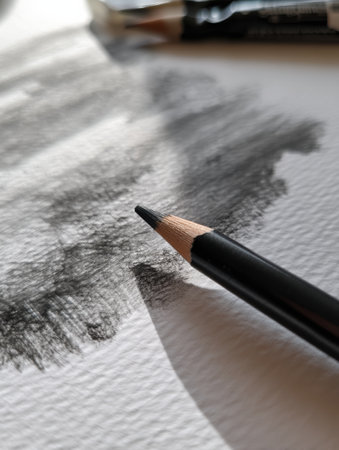 Close-up view showcases the creation of a charcoal drawing, highlighting the smooth texture of white paper and the detailed pencil work in progress.の素材