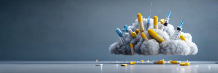 Pills, syringes, and a medical cross create a floating cloud shape, symbolizing health and medical care in a conceptual design against a muted background.の素材