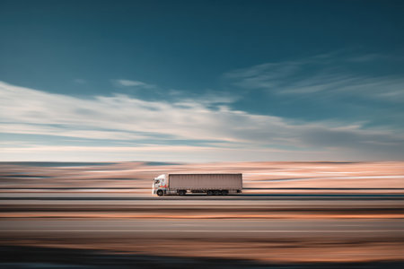 A fast-moving truck navigates a deserted landscape, showing wide open spaces and a bright blue sky, emphasizing speed and solitude during daytime.の素材