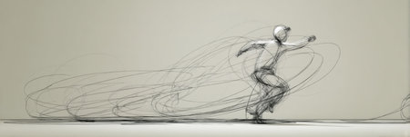 A figure is captured mid-motion, dynamically sketching through the air with flowing pencil lines, evoking a sense of speed and grace in an artistic expression.の素材
