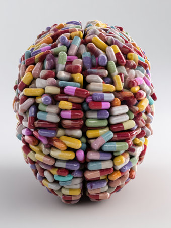 This artwork depicts a brain encapsulated in an array of soft, colorful pills, symbolizing the intersection of health, cognition, and creativity.の素材