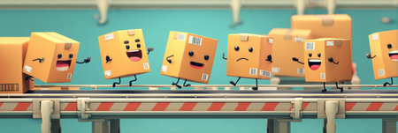 Animated parcels full of personality bounce happily along a conveyor belt in a colorful warehouse, showcasing joyful and expressive characters during the day.の素材