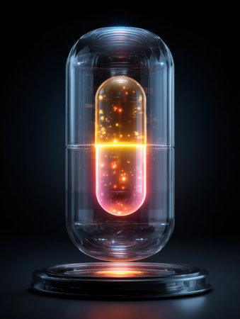 A hologram of a capsule rotates, revealing a blend of glowing colors and intricate details, demonstrating advanced medical technology in action.の素材