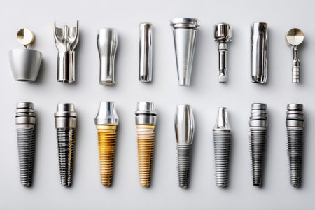 Dental implant components displayed in an organized manner on a sterile surface, ready for use in surgical procedures related to tooth replacement.の素材