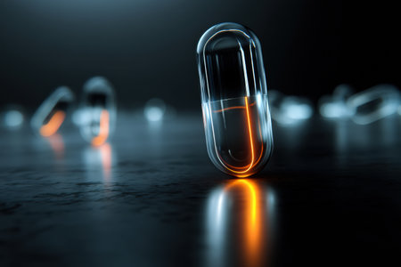 A glowing pill contrasts with a dark background, casting reflections with transparent capsules, creating a striking visual.の素材