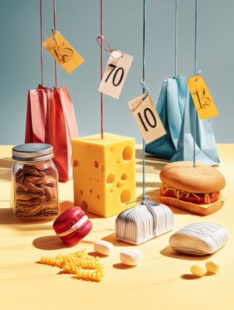 Food items arranged creatively on a table show inflated prices on tags, highlighting the effects of rising costs in a playful yet thought-provoking manner.の素材